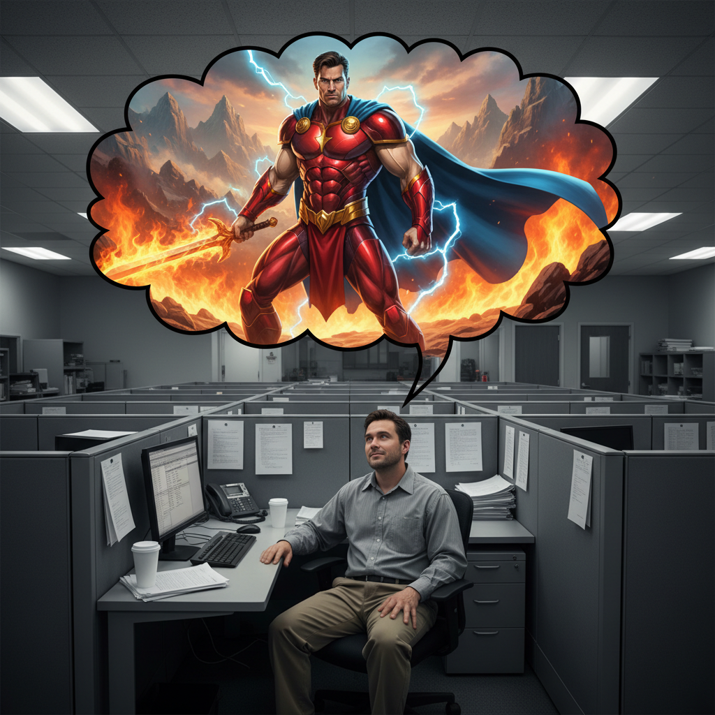 Офисный работник и его воображение: контраст между скучной реальностью и ярким миром фантазии. Сгенерировано нейросетью perplexity.ai