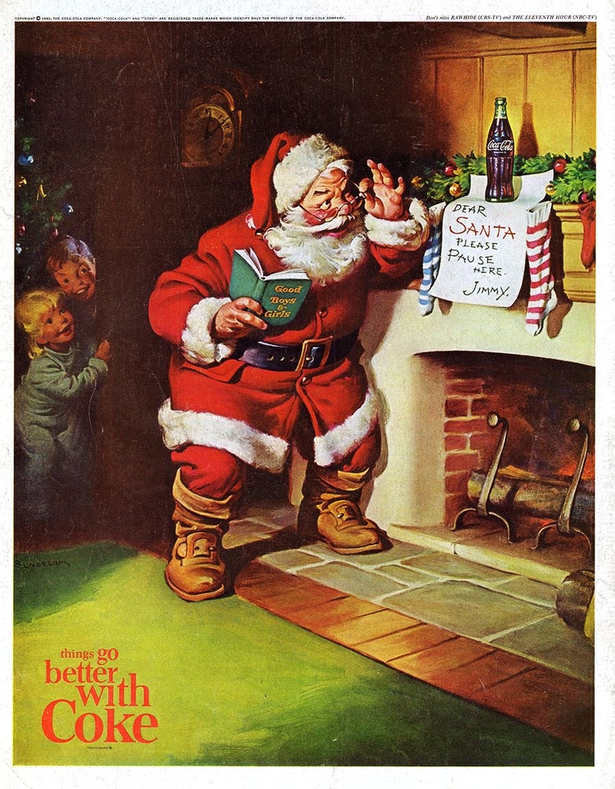 В 1931 году иллюстратор Хэддон Сандблом создал современный образ Санта-Клауса для рождественской рекламы Coca-Cola. Прототипом стал реальный человек – друг Сандблома Лу Пентисе, а сам образ основан на святом Николае. Сандблом рисовал Санту на протяжении десятилетий, создав окончательный образ к 1964 году.