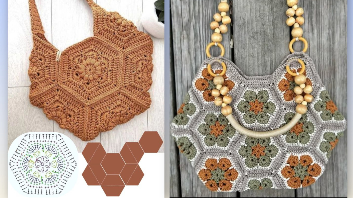 Вязаные сумки из шестиугольных мотивов.