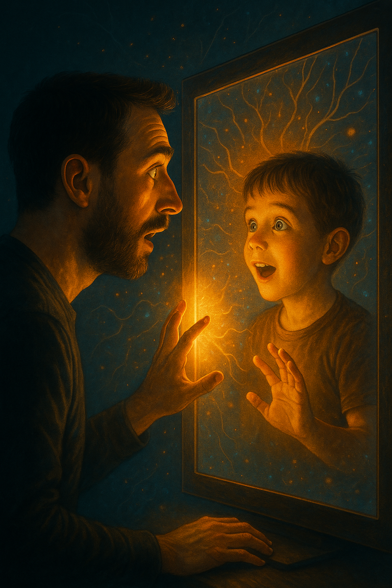 На изображении взрослый мужчина смотрит на экран — и вдруг видит в отражении себя ребёнком. У ребёнка широко раскрытые глаза, настоящее искреннее восхищение, будто он впервые увидел чудо. Между ними — мягкое сияние, как момент внутреннего озарения:
когда что-то создаёшь сам,
и вдруг понимаешь:
«Я могу.
У меня получилось.»

На фоне мелькают абстрактные узоры, похожие на нейронные связи — они намекают на рождение идеи, вдохновения и творческой искры внутри.  Изображение создано нейросетью DALL·E