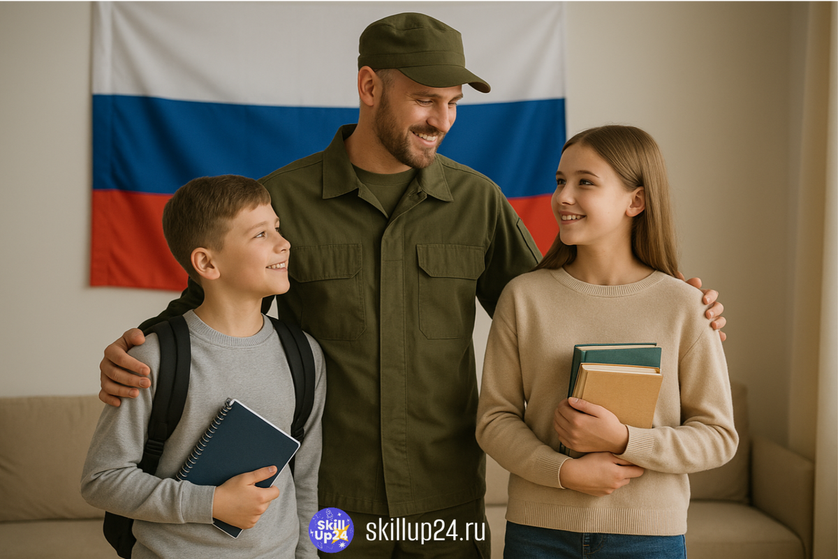 Боец СВО в полевой форме без оружия стоит с двумя детьми в домашней обстановке на фоне аккуратно размещённого флага России; дети держат учебники и тетрадь, создавая атмосферу поддержки, заботы и возможности бесплатного получения второго СПО. Тёплый свет, спокойная семейная сцена, акцент на образовании и будущем. Фото для онлайн-школы SkillUp24 в городах Астрахань, Барнаул, Владимир, Владивосток, Волгоград, Воронеж, Екатеринбург, Ижевск, Иркутск, Казань, Калининград, Кемерово, Киров, Краснодар, Красноярск, Липецк, Махачкала, Москва, Набережные Челны, Нижний Новгород, Новокузнецк, Новосибирск, Омск, Оренбург, Пенза, Пермь, Ростов-на-Дону, Рязань, Самара, Санкт-Петербург, Саратов, Сочи, Томск, Тольятти, Тула, Тюмень, Уфа, Ульяновск, Хабаровск, Чебоксары, Челябинск, Ярославль.СВО закон 2025, второе СПО бесплатно СВО, переобучение участников СВО, образование СВО, трудоустройство СВО, социальная поддержка СВО, соцконтракт СВО, бесплатное обучение после СВО, права участников СВО, повторное обучение в колледже, образование ветеранов СВО, что положено участникам СВО 2025