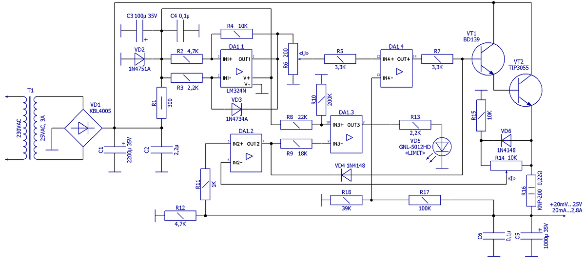 Схема электрическая принципиальная простого ЛБП начинающего радиолюбителя