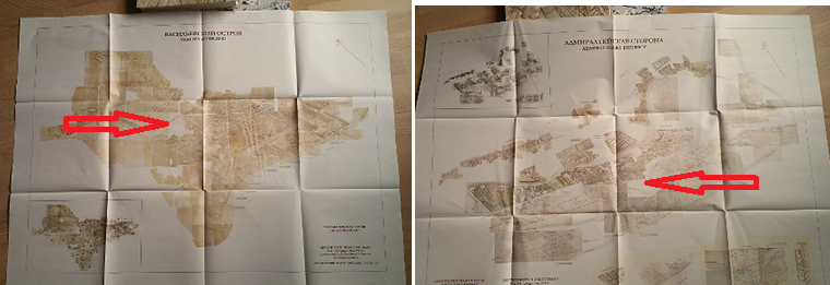 Васильевский остров и Адмиралтейская сторона плана Сент-Илера. Стрелками показаны белые пятна с остатками верхних геомассивов, откуда предположительно и велись зарисовки сверху.