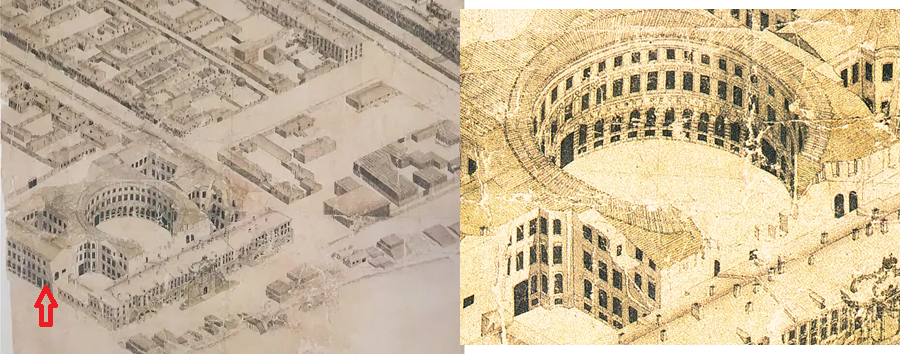 Восточная часть Васильевского острова со зданием нынешней Академии художеств. Стрелкой показано явно перекосившаяся стена сооружения. Справа - увеличенный фрагмент также со следами разрушения от оседания верхнего геомассива.