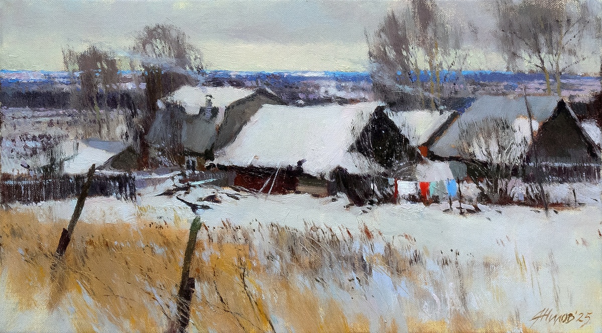 Жилов Андрей Владимирович, «Зима в Каменке», 2024, холст, масло, 25×45 см, частная коллекция