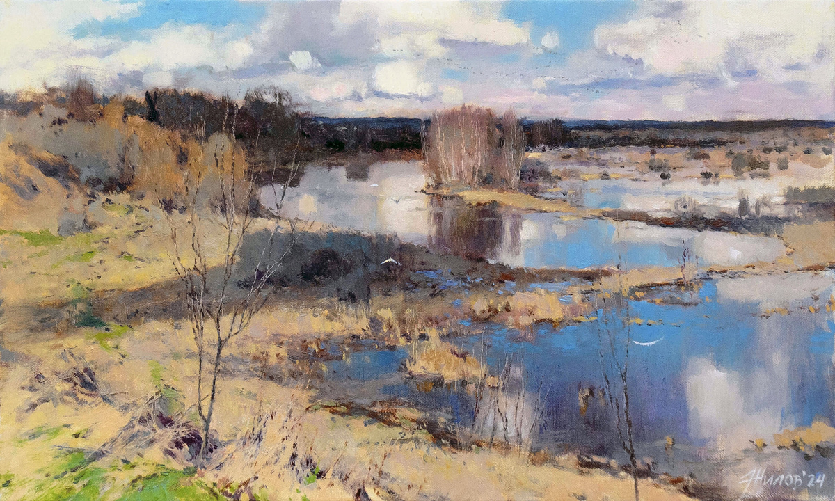 Жилов Андрей Владимирович, «Большая вода. Абрамово», 2024, холст, масло, 50 х 30 см, частная коллекция