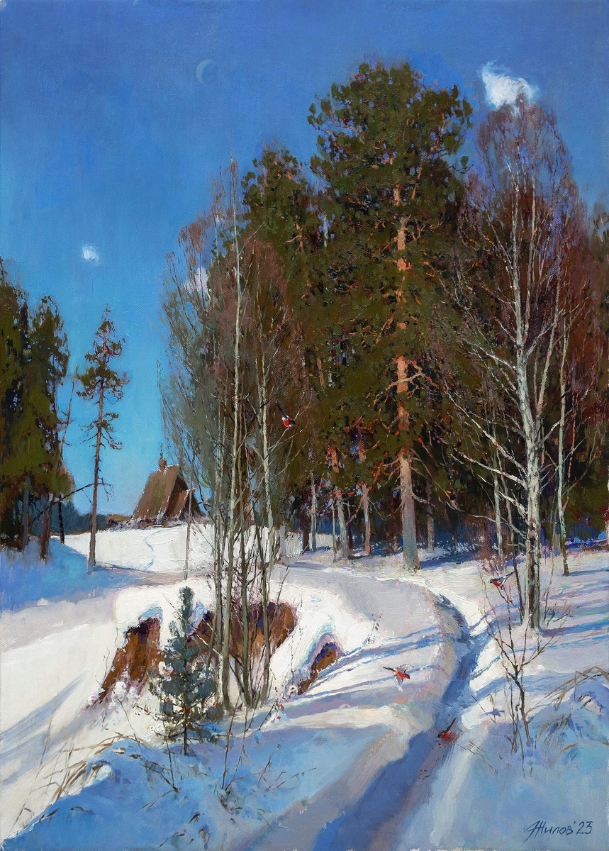 Жилов Андрей Владимирович, «Снегири на опушке», 2023, холст, масло, 50 х 70 см, частная коллекция