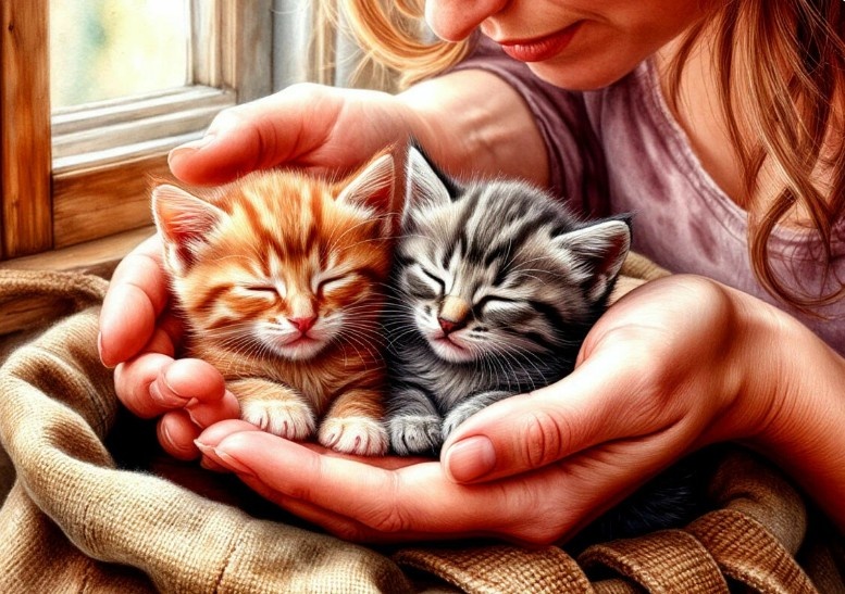 Лена бережно достает из старой сумки двух недавно родившихся котят — рыжего и серого