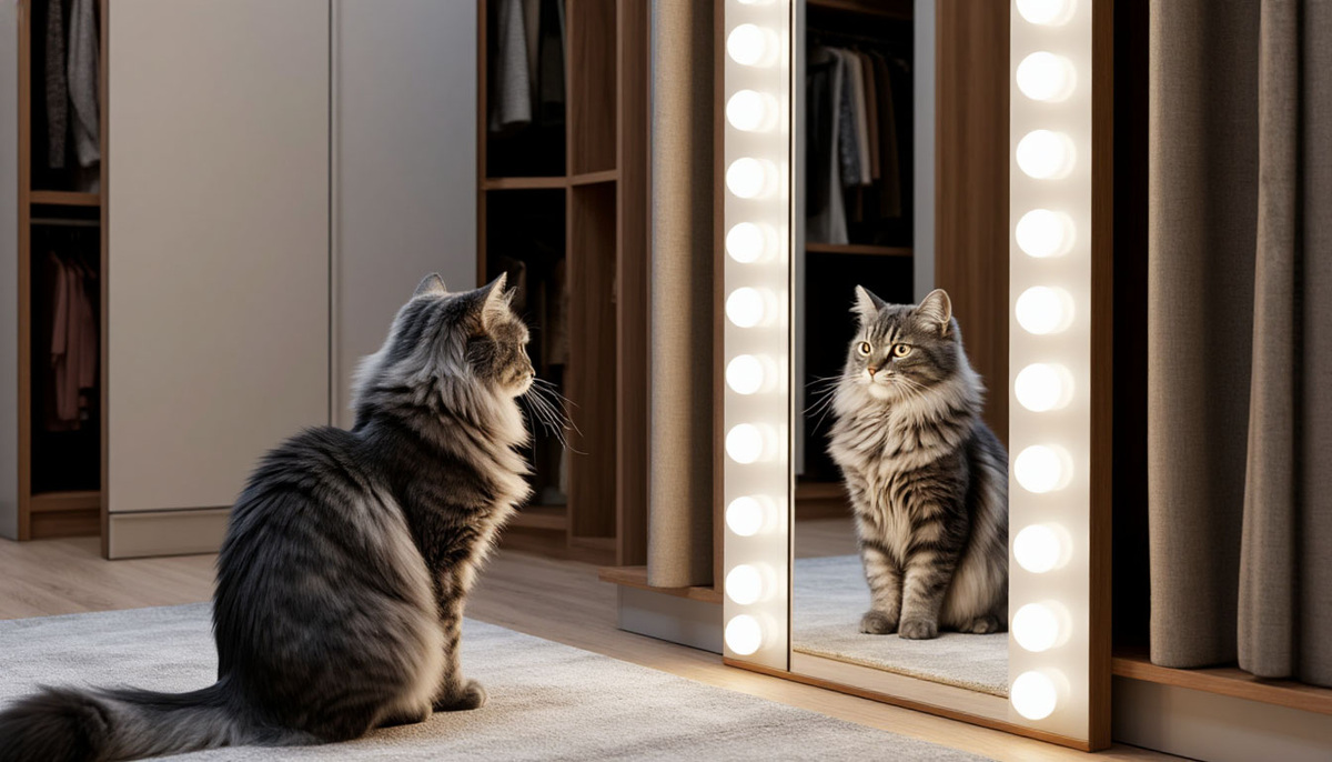 Кошка смотрит в зеркало