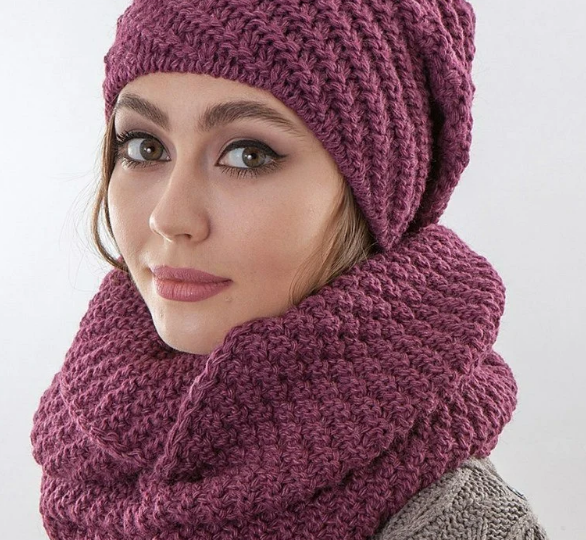 Тёплая Шапка и снуд узором Косая резинка и дополнительные узоры со схемами