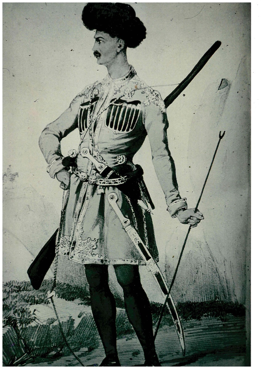 Фотография черно-белая рисунка Эдмонда Спенсера 1839 года. Молодой принц, представленный ему как двоюродный брат его проводника и сына одного из вождей Шапсугии по имени Бейзруко.