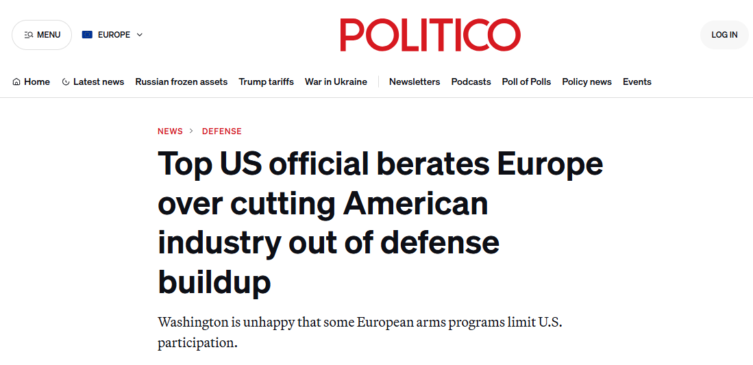 Высокопоставленный чиновник США критикует Европу за то, что она не привлекает американскую промышленность к наращиванию оборонного потенциала
Вашингтон недоволен тем, что некоторые европейские программы по производству оружия ограничивают участие США