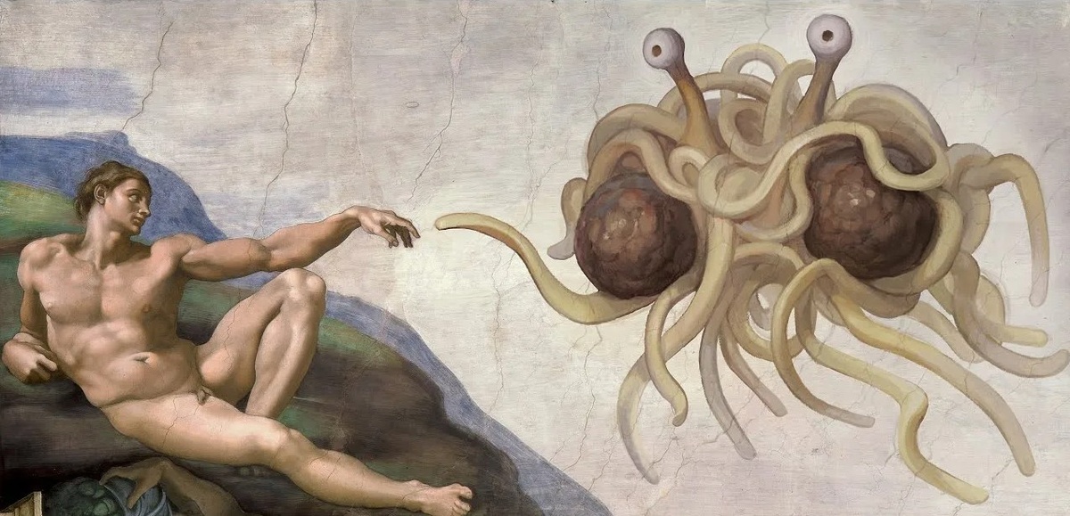 Сотворение Адама, макаронным монстром.