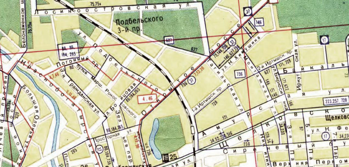 Улица Подбельского (сейчас Ивантеевская) на карте транспорта Москвы 1989 года. С сайта www.retromap.ru.