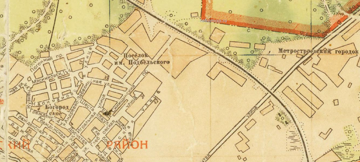 Посёлок Подбельского на карте Москвы 1940 года. С сайта www.retromap.ru.