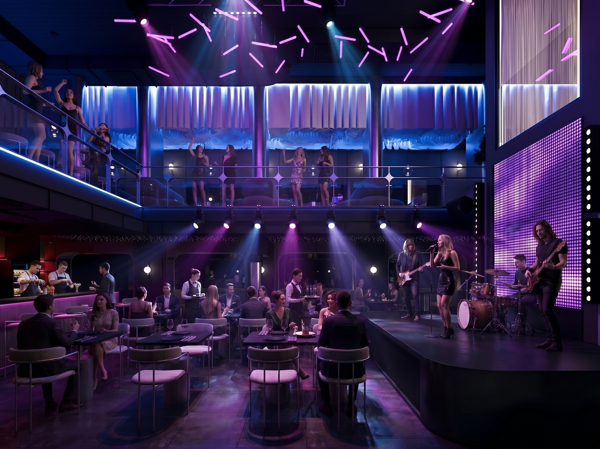 Визуализация ресторана Орбита зала с танцополом и сценой