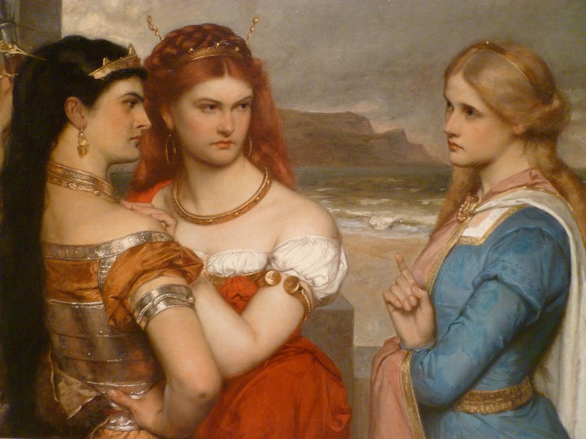 Художники тоже слабо себе представляли Британию IX века до нашей эры... Картина Густава Поупа изображает дочерей Лира. Википедия.