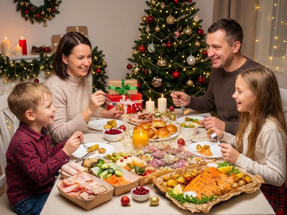 Прздничный стол с блюдами от компании "Маша Рядом".
