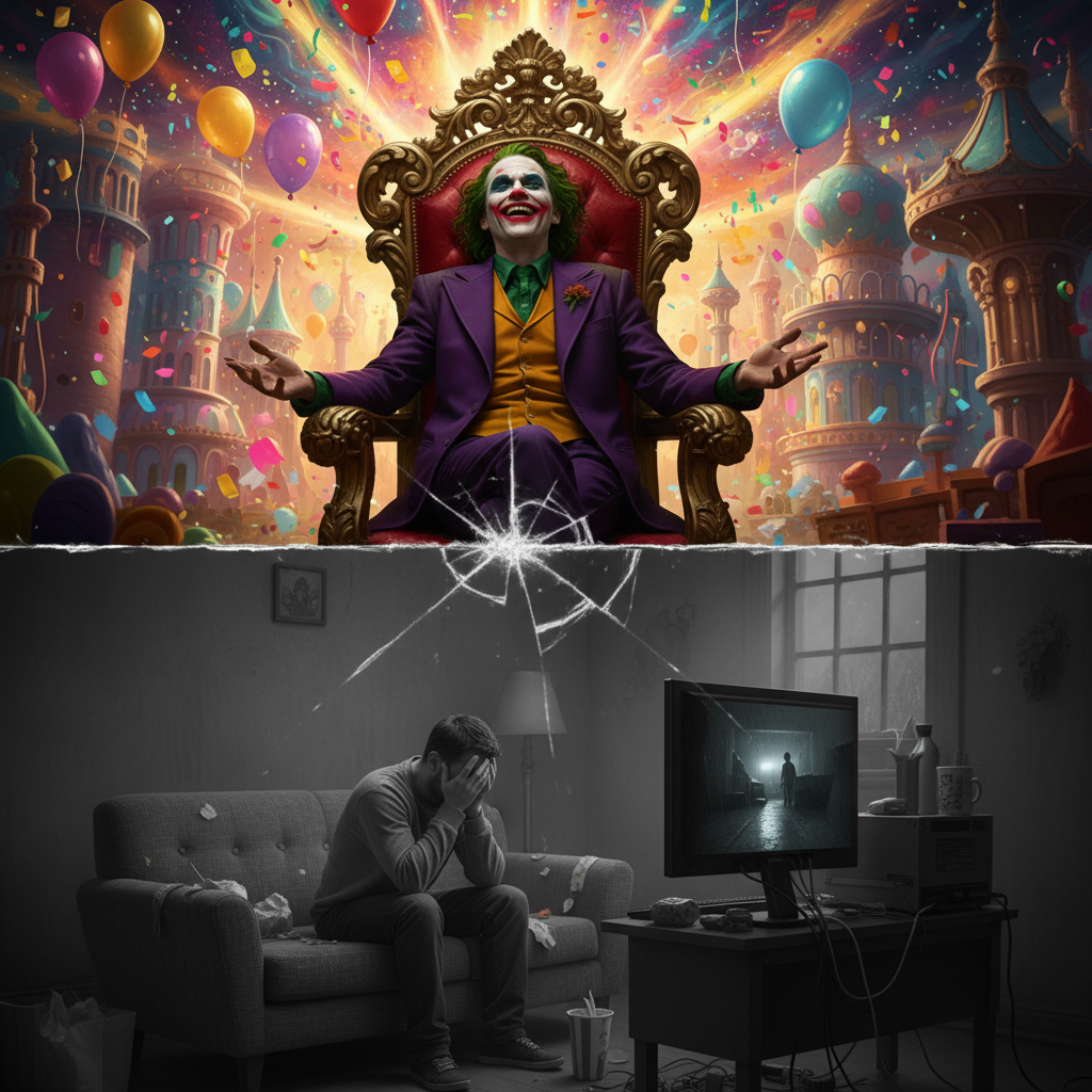 Джокер свободен и смеётся; внизу: человек в отчаянии перед компьютером. Граница между иллюзией и реальностью.Сгенерировано нейросетью perplexity.ai