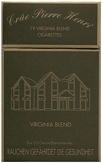 "Crûe Pierre Henri" Virginia Blend. Германия, 2000 год. 19 штук с фильтром в коробке с откидной крышкой. Содержание смолы 12 мг, никотина 1,1 мг. Цена (была) 4,20 немецких марок. Производитель: Flandria, Бельгия. Владелец торговой марки: Flandria.