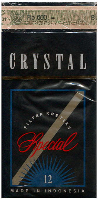 "Crystal" Special. Индонезия, начало 1990-х годов. 12 штук кретеков с фильтром в коробке с откидной крышкой и в целлофане. Цена 600 рупий. Производитель: PT Filasta. Владелец торговой марки: PT Filasta.