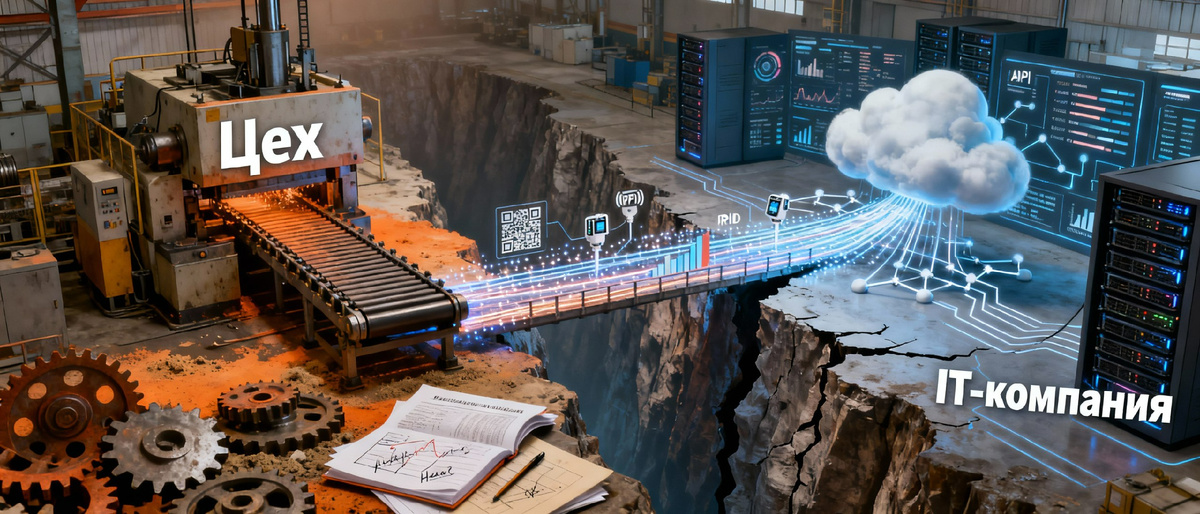 Схема работы IT-консалтинга в промышленности. Технологический мост (консультант) между производством с его проблемами и IT-разработчиками с их решениями.