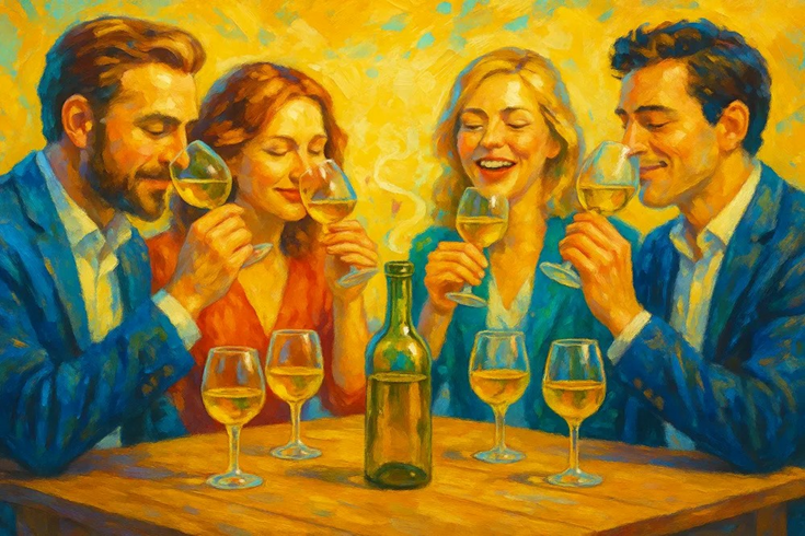 Изображение в стиле импрессионизм на котором группа молодых людей дегустриует оливковое масло и наслаждается его ароматами.