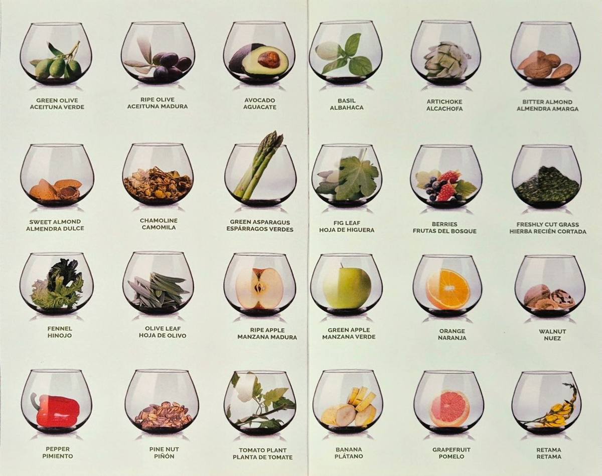 Плакат Ароматы оливкового масла. Изображение заимствовано из Гида  EVOOLEUM "100 лучших мировых Оливковых Масел 2024" 