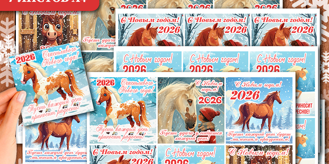 Новогодние открытки 2026 — год Лошади. Комплект из 7 листов А4 с тёплыми пожеланиями (6 дизайнов открыток)