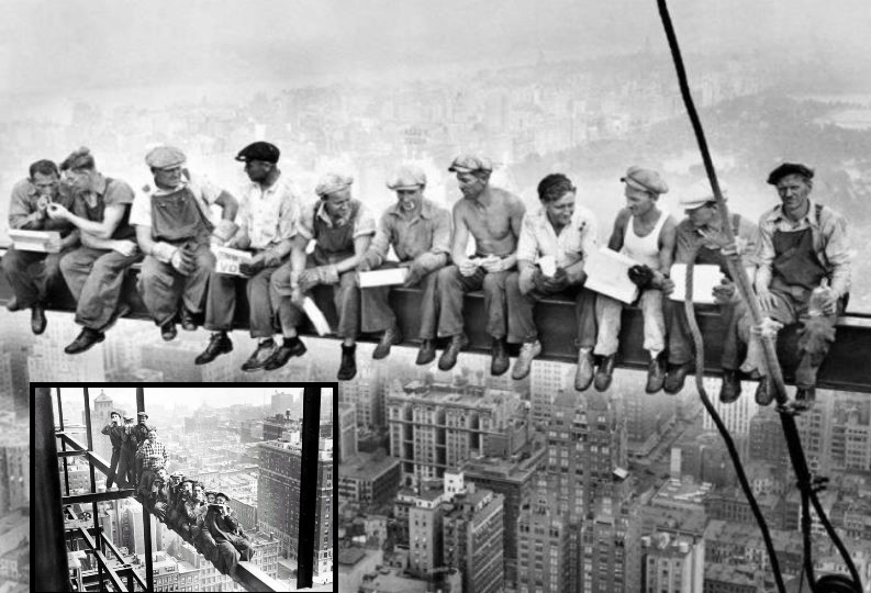 У фото "обед на небоскребе" есть и другой ракурс, который меняет воспритие фото: смотрим боковой снимок