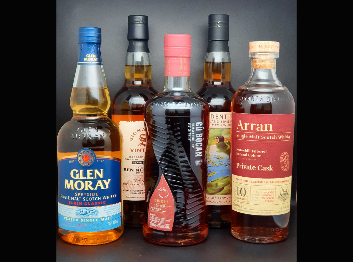 Слева направо. Glen Moray Elgin Classic Peated, Ben Nevis 5-YO 100 PROOF SV Heavily Peated,  Tomatin 15-YO Cù Bòcan - Limited Edition, Loch Lomond 19-YO 2005 DeDr, Arran 10-YO Private Cask