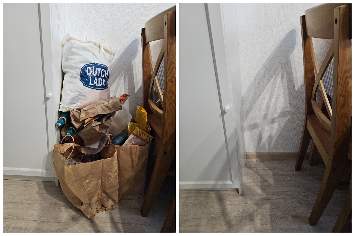 У нас 4 стула за столом, но пользуемся мы только двумя, поэтому этот склад до прихода гостей совершенно не мешает