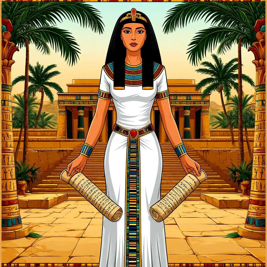 Авторская цифровая картина к повести. Египтянка Песешет со свитками парирусов
