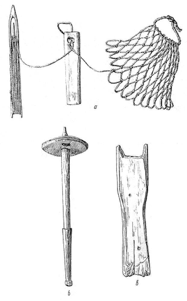 Орудия для вязания сети. Печорский уезд, с. Усть-Цильма, 1906 г. а) прибор для вязании сети, б) верето для наматывания готовой пряжи, в) доска для наматывания готовой пряжи. http://histfishing.ru/biblio