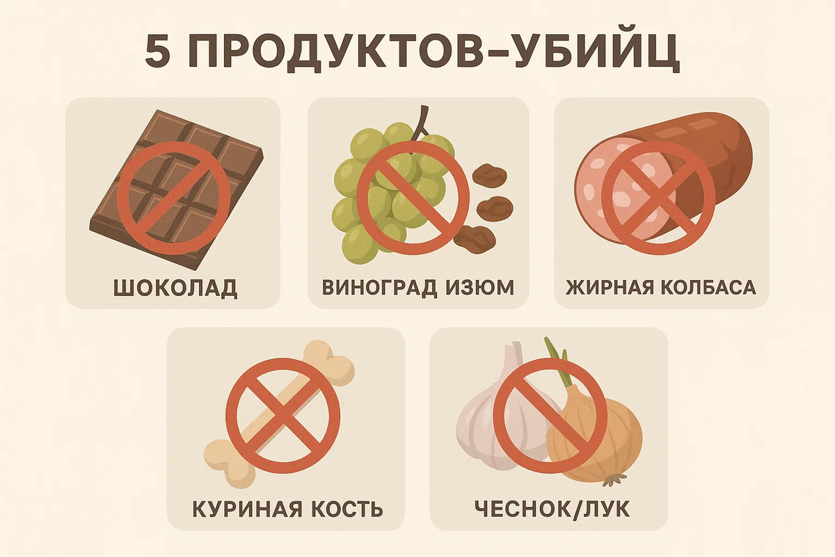 Запомните эту пятёрку навсегда. Даже маленький кусочек любого из этих продуктов может привести к экстренной поездке в ветклинику.