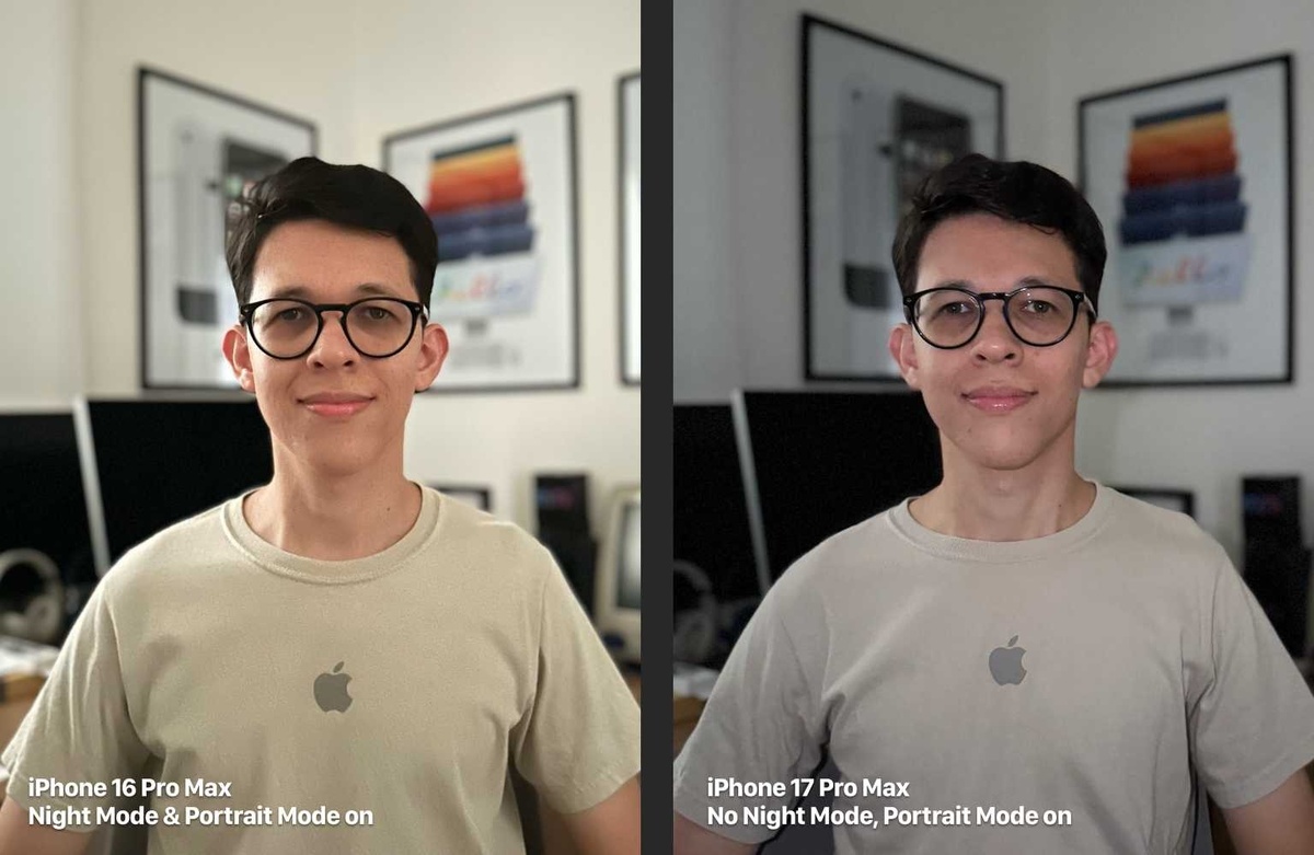 Слева iPhone 16 Pro Max, портретное фото с ночным режимом, справа — iPhone 17 Pro Max, портретный режим без ночного. Фото Foundry  📷
