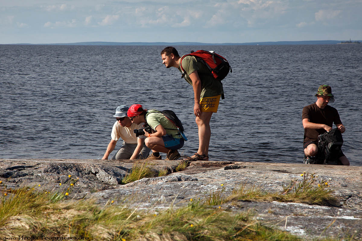    Туристы изучают Онежские петроглифы. Фото: Игорь Георгиевский