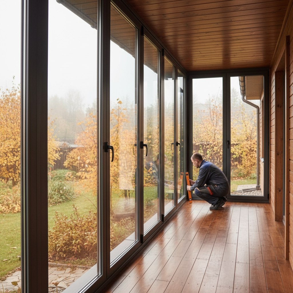 Готовая застеклённая веранда: ровный монтаж, проверка уровня и тёплые примыкания.