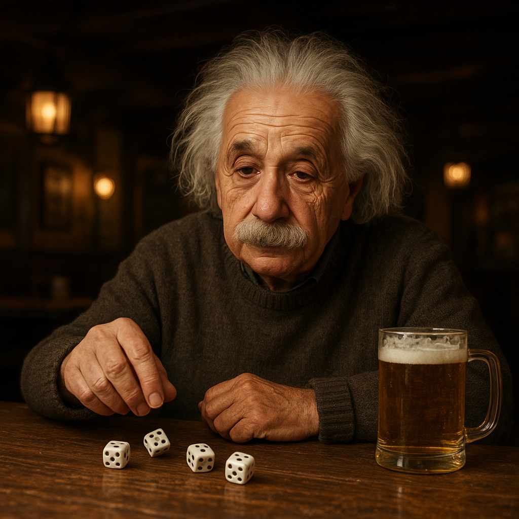 Человек похожий на Альберта Эйнштейна сидит в таверне и играет в кости (генерация ИИ)