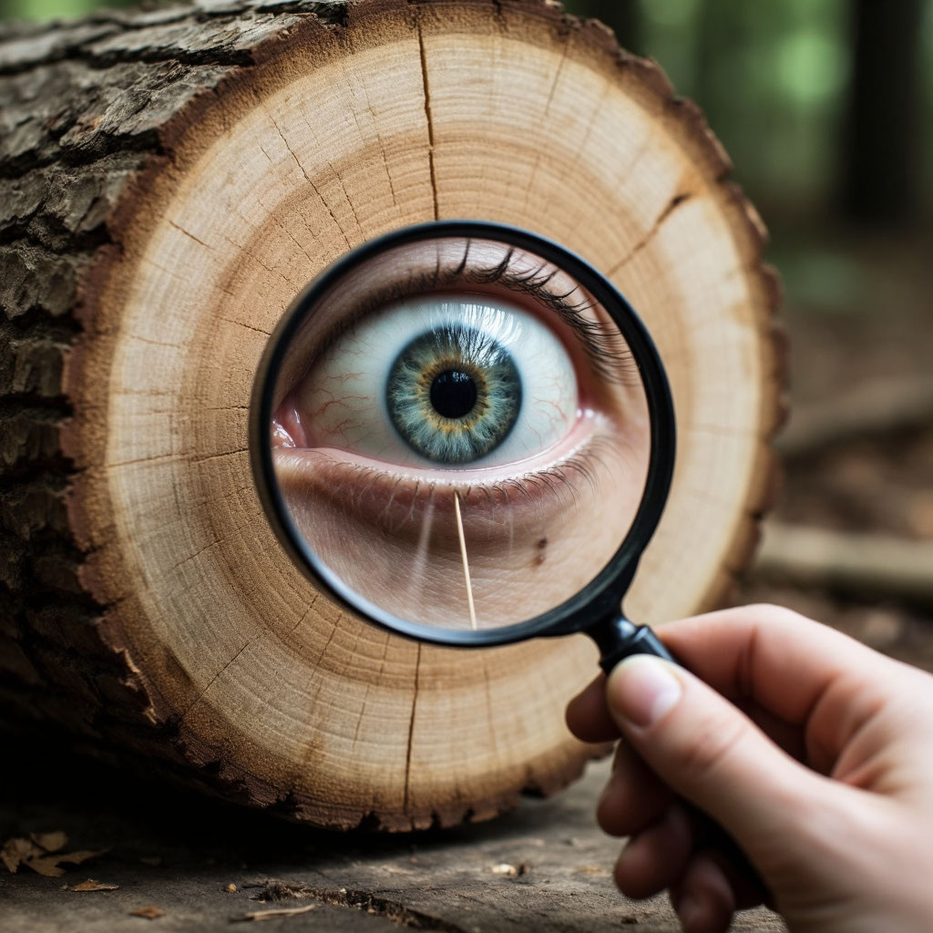 Иллюстрация к пословице «В чужом глазу соломину видеть, а в своём — бревна не замечать». 