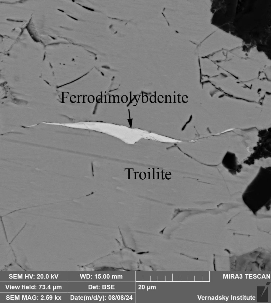   Кристалл ферродимолибденита в троилите, обнаруженный в металлическом прожилке метеорита Kunya-Urgench (H5)