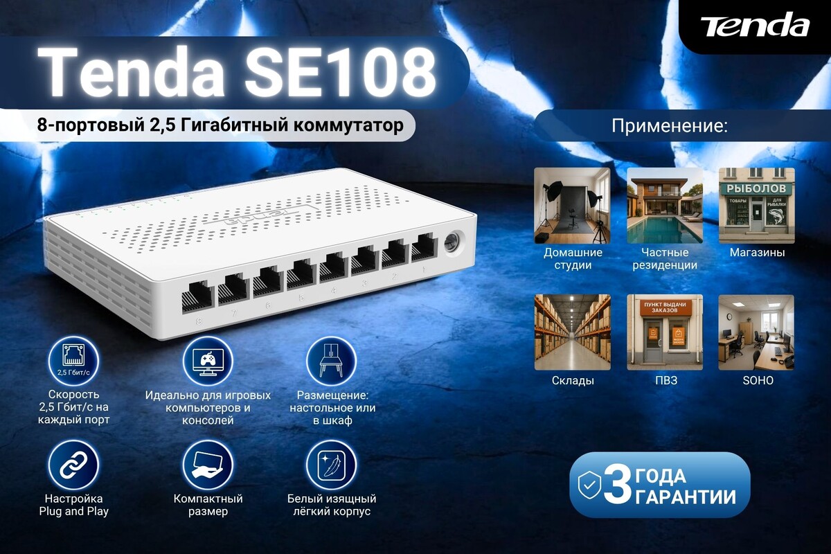 Tenda SE108 – неуправляемый коммутатор с 8-ю портами по 2,5 Гбит/с. Доступная цена и малые габариты делают его крайне привлекательным для SOHO, малого бизнеса, ПВЗ.