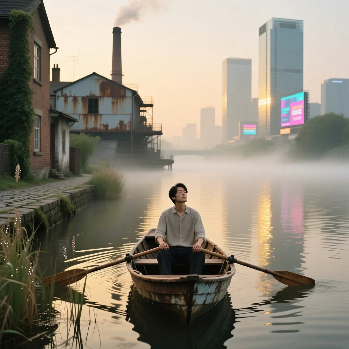 Он не смотрит на берега — он чувствует течение. В тумане эпох, где прошлое ржавеет, а будущее светится, он остаётся собой — тихим центром реки времени.