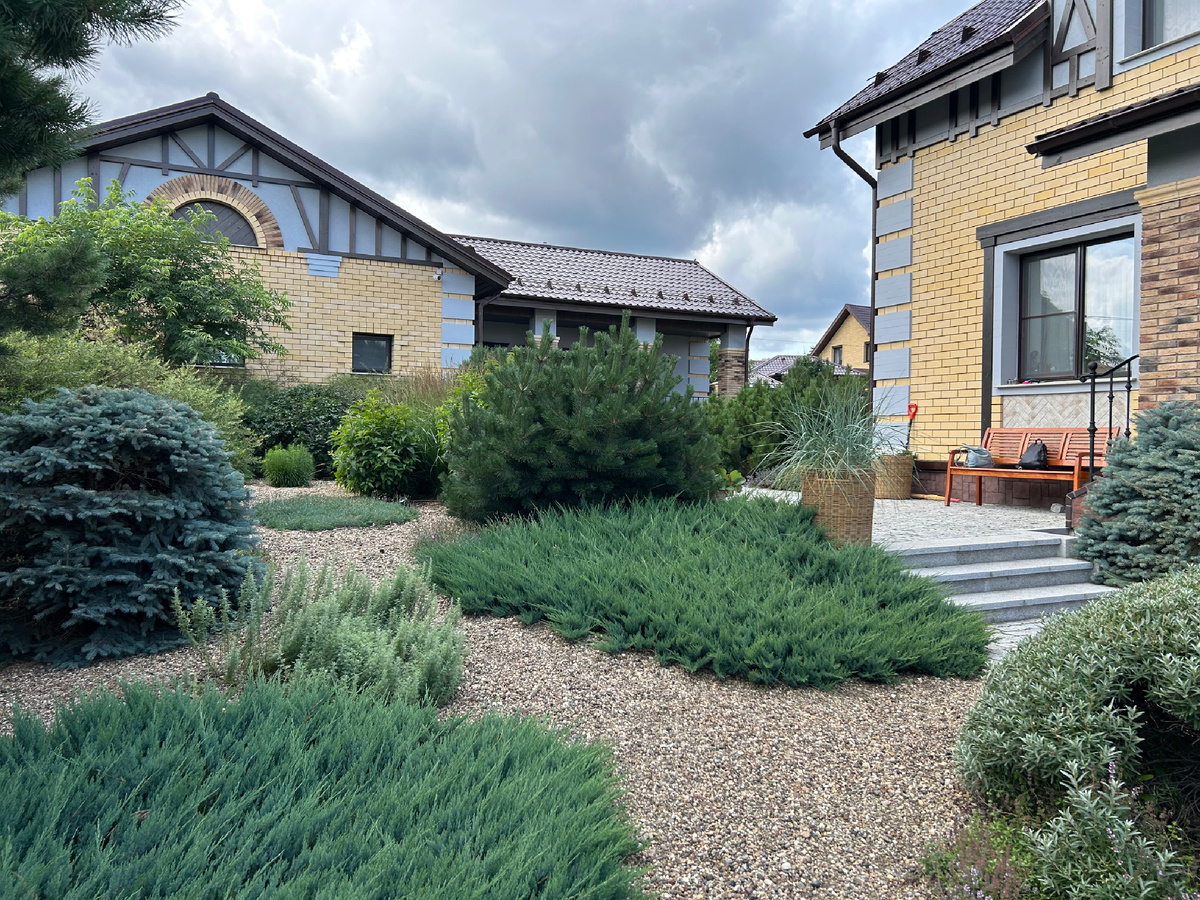 На площадке перед домом в плетеной корзине растет элимус песчаный, давший название этому саду