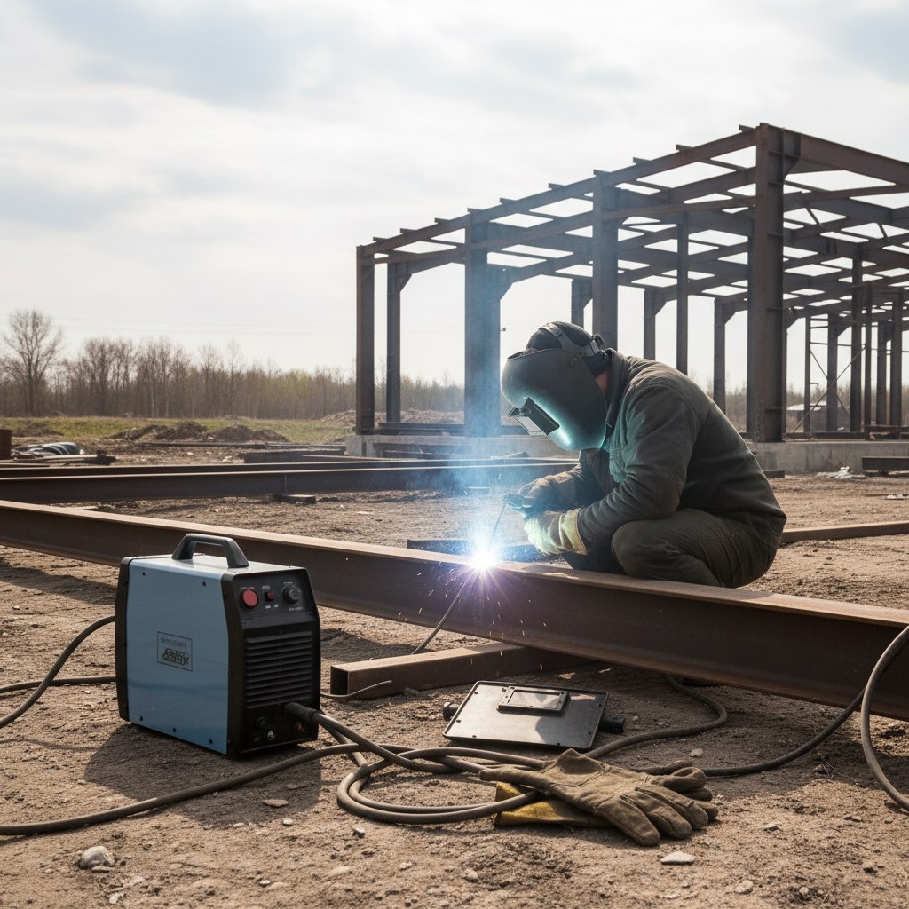 Работа с профессиональным сварочным оборудованием: стабильная дуга и чёткий контроль процесса даже на открытой площадке.