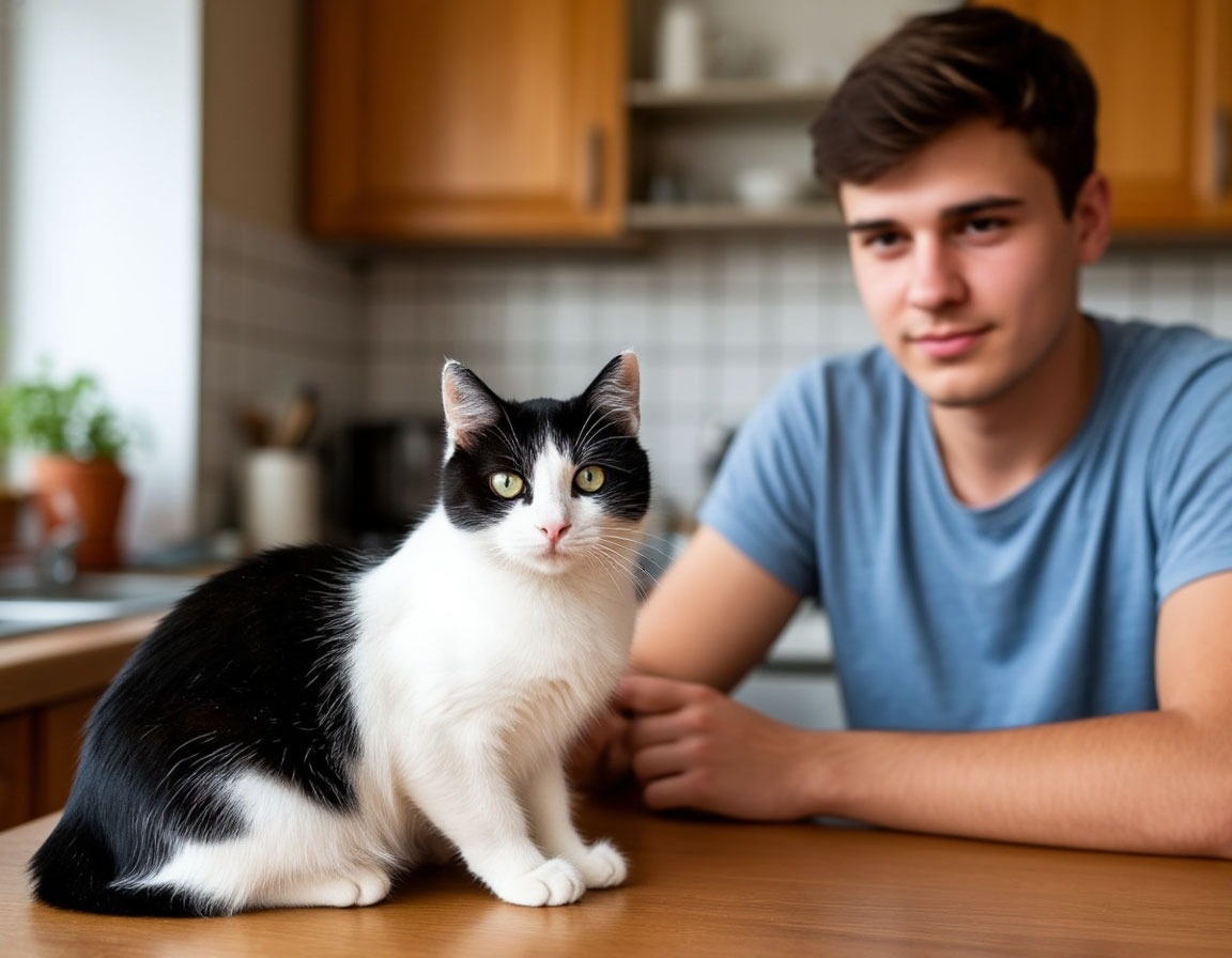 Кот сидит на столе.