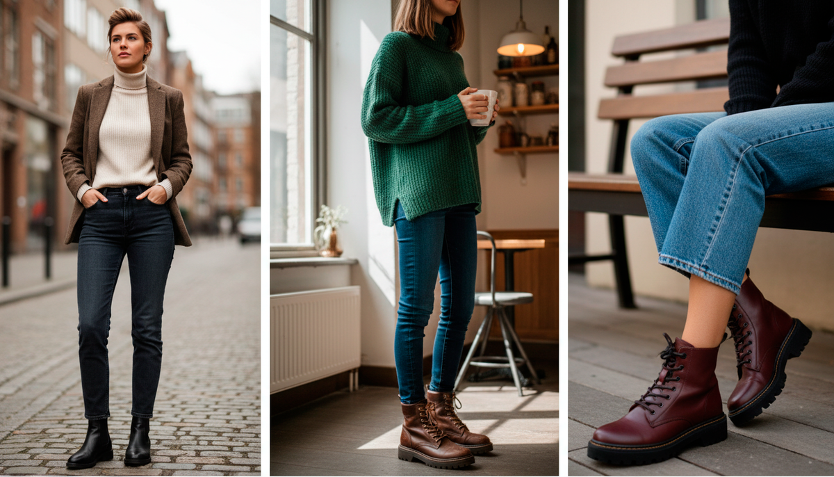 Проверенная временем классика в современном исполнении. Носим ботинки с прямыми джинсами для создания лаконичной базы, заправляем в них узкие модели для вытягивания силуэта или играем на контрасте с широкими штанинами для самого модного образа.