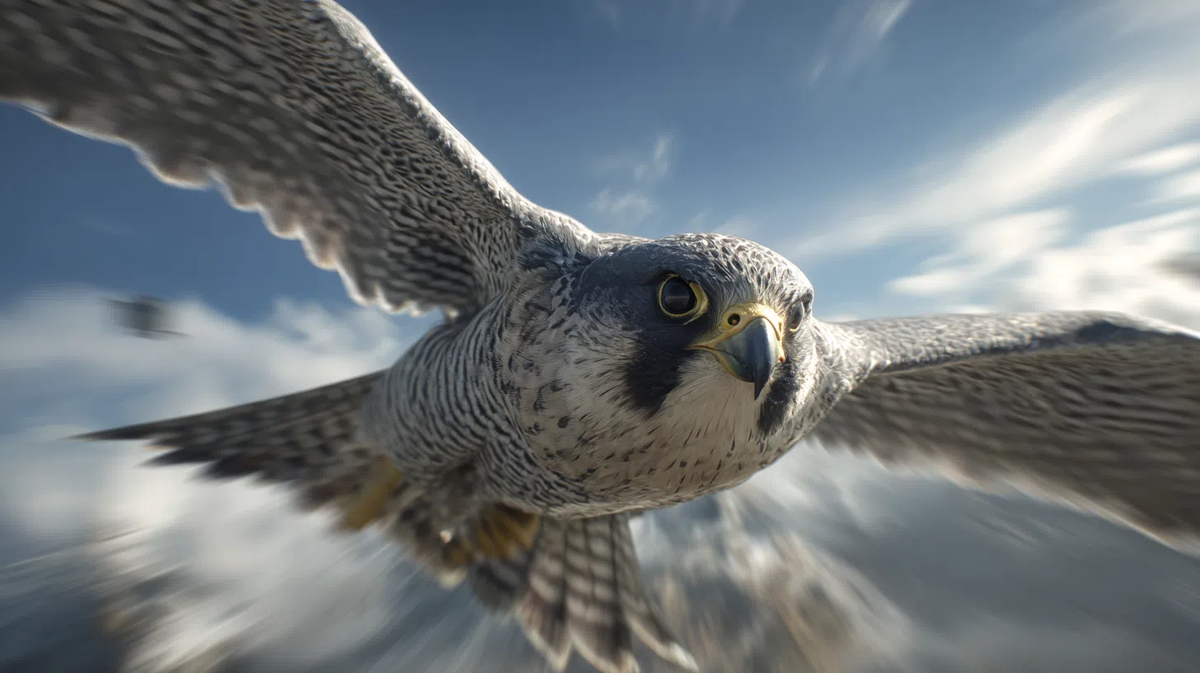 Когда сапсан уже нацелился на добычу он превращается в идеальный аэродинамический снаряд. Разглядеть его в такой момент в дикой природе — редкая удача, сравнимая с наблюдением за падением метеора.