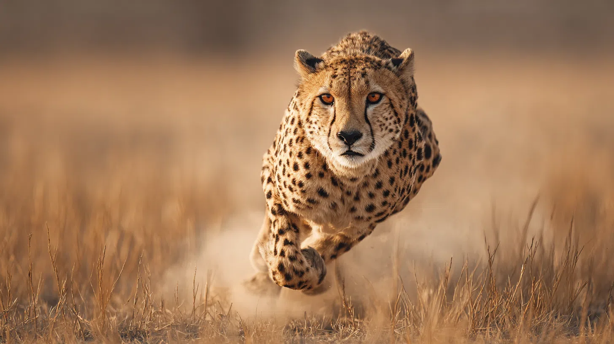 Вот она — квинтэссенция скорости. Каждый мускул в этом теле работает как деталь гоночного двигателя. Этот снимок, сделанный на огромной скорости, ловит ту самую секунду невесомости между толчками, когда гепард парит над землей. Кажется, еще мгновение — и он сорвется со страницы.