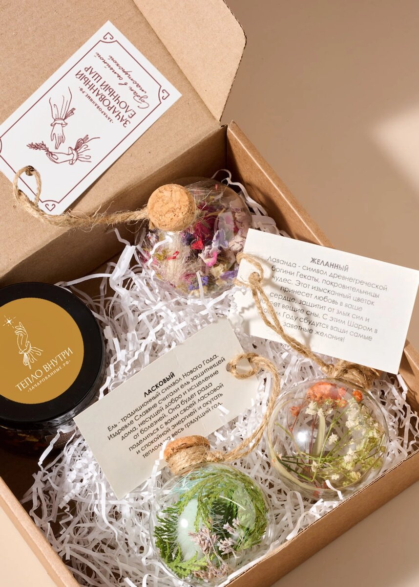 Согревающий чай и 3 ёлочных шара с самыми оберегающими пожеланиями: Уютный, Ласковый, Желанный.